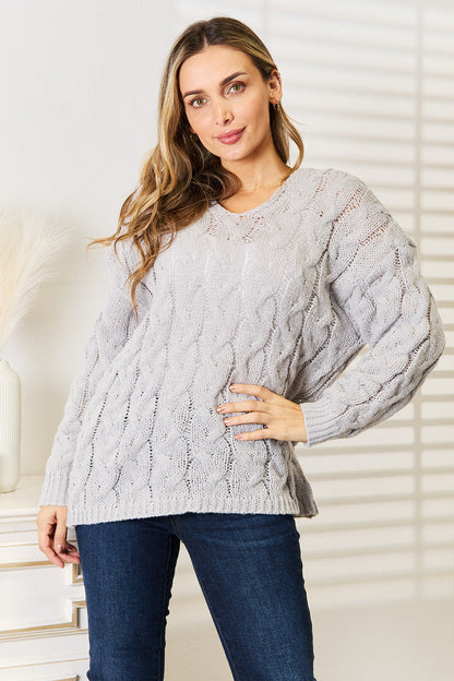 Woven Right Cable-Knit Hooded Sweater - Fashorio