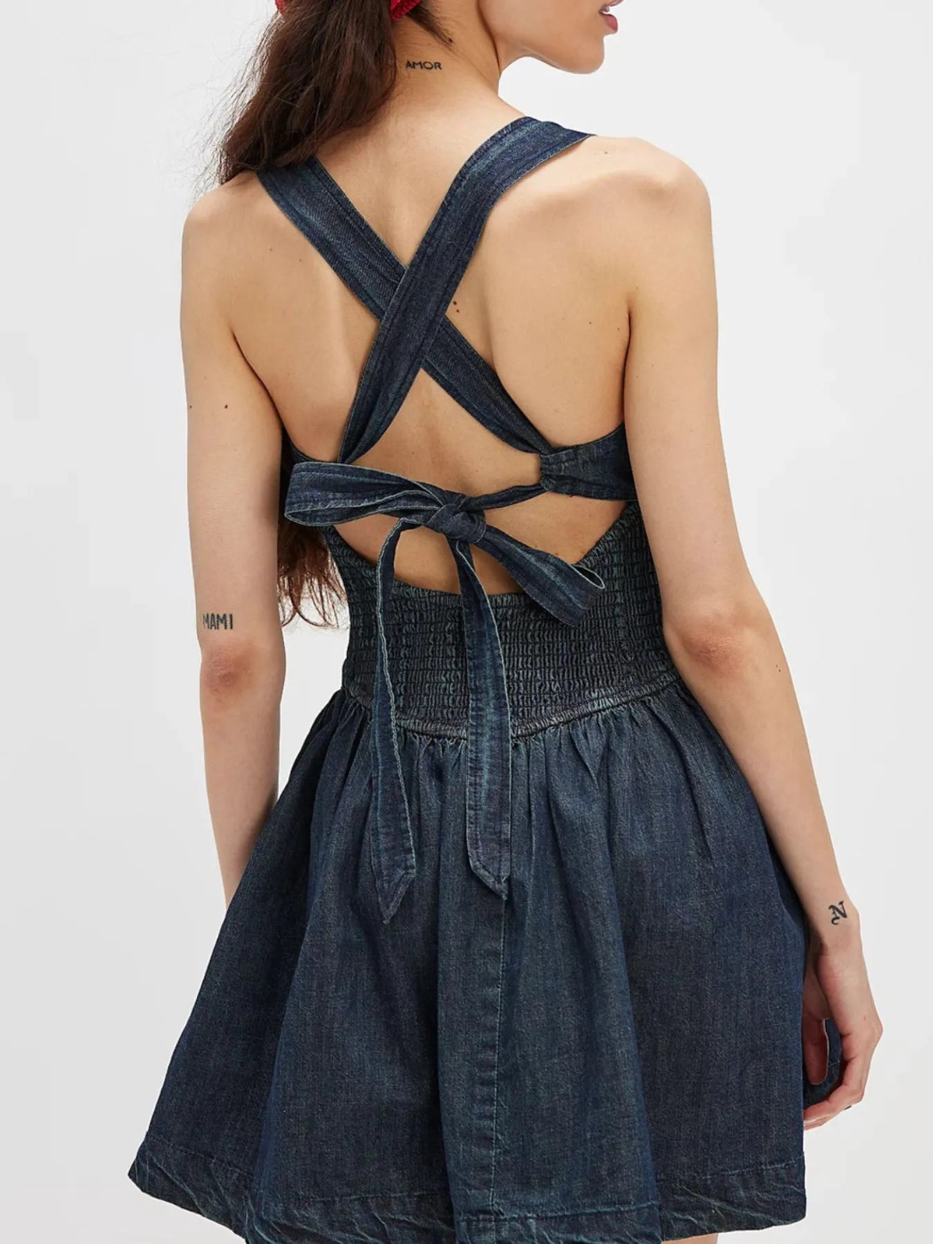 Smocked Crisscross Back Denim Mini Dress - Fashorio
