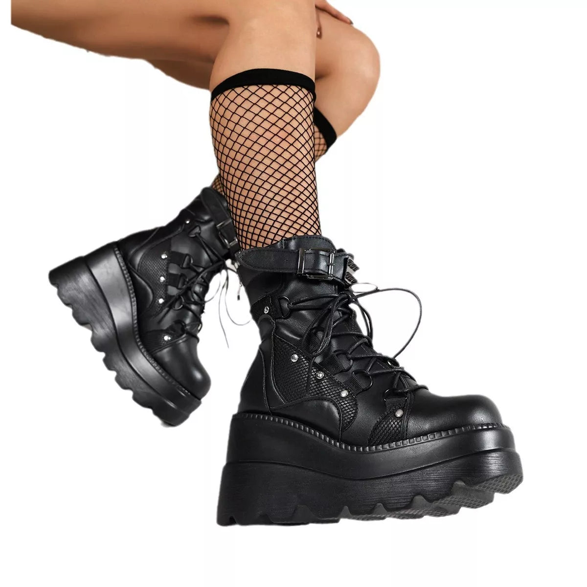 Lace up platform wedge boots styled on model