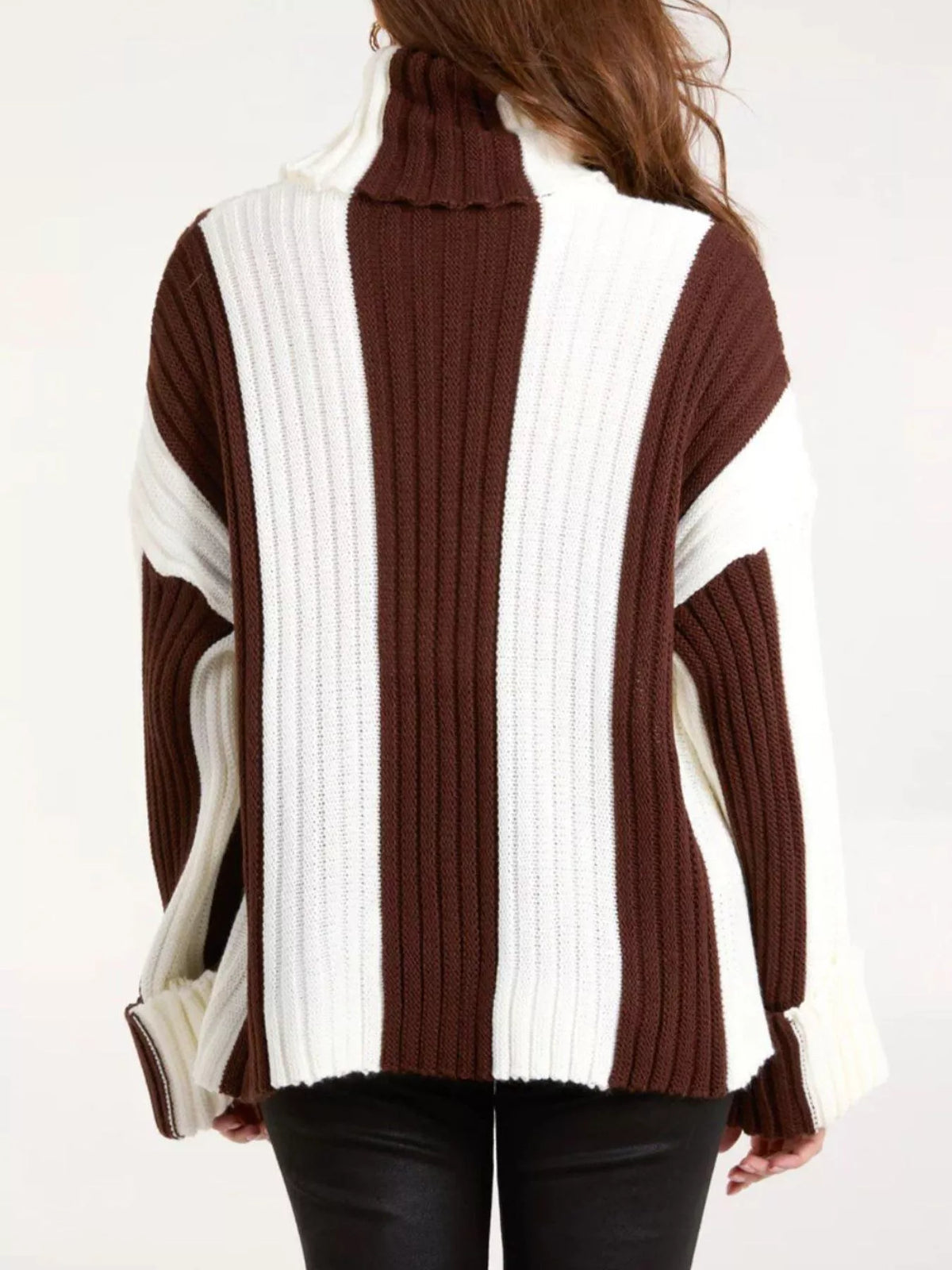 color block ribbed turtleneck sweater back view