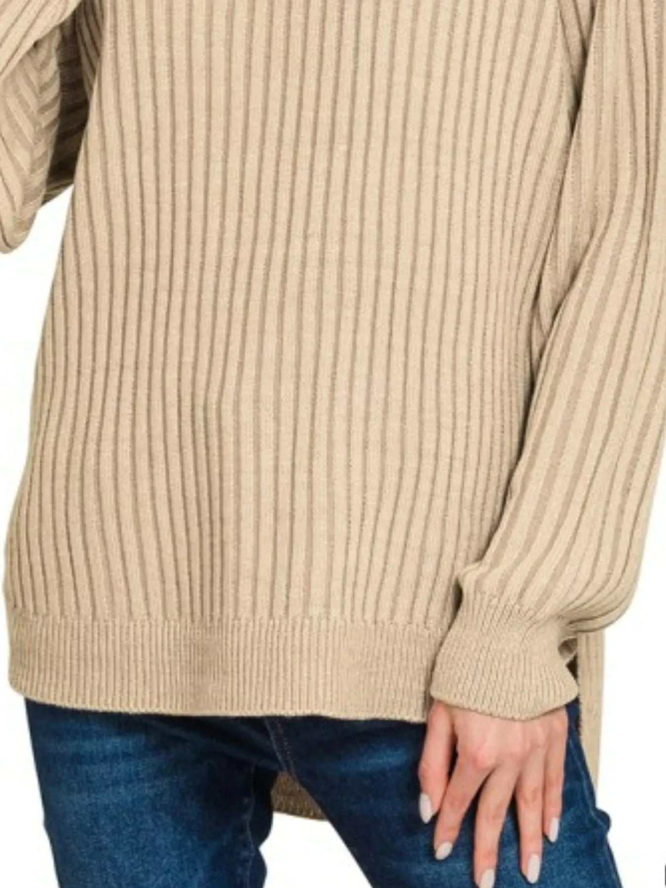 Zenana Curved Hem Two-Tone Ribbed Sweater - Fashorio