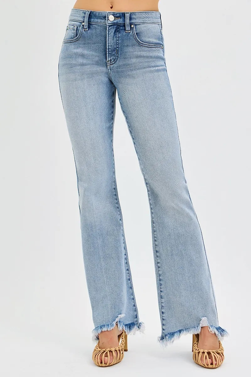 RISEN mid rise flare denim fray hem detail