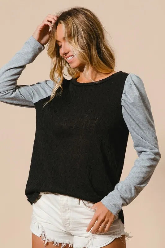 Cable Knit Top with Contrast Puff Sleeve in Black styled look
