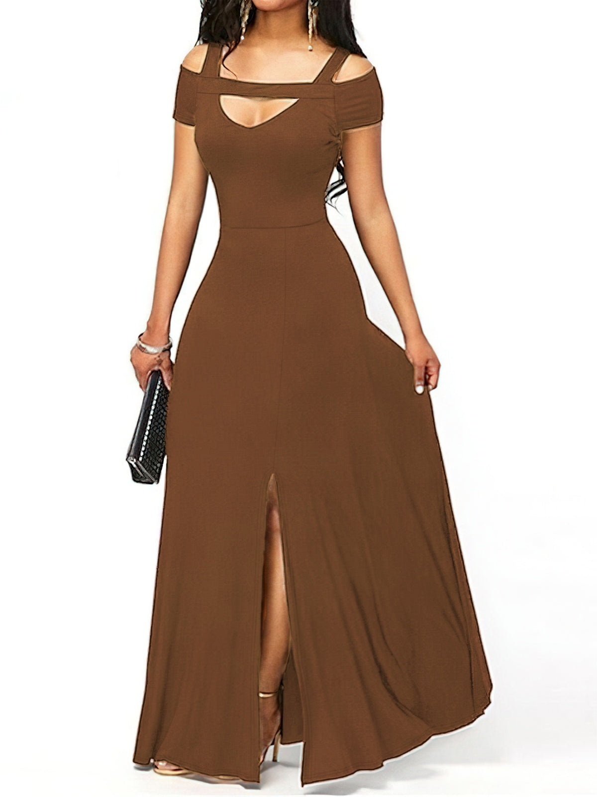 off shoulder slit maxi dress styling look