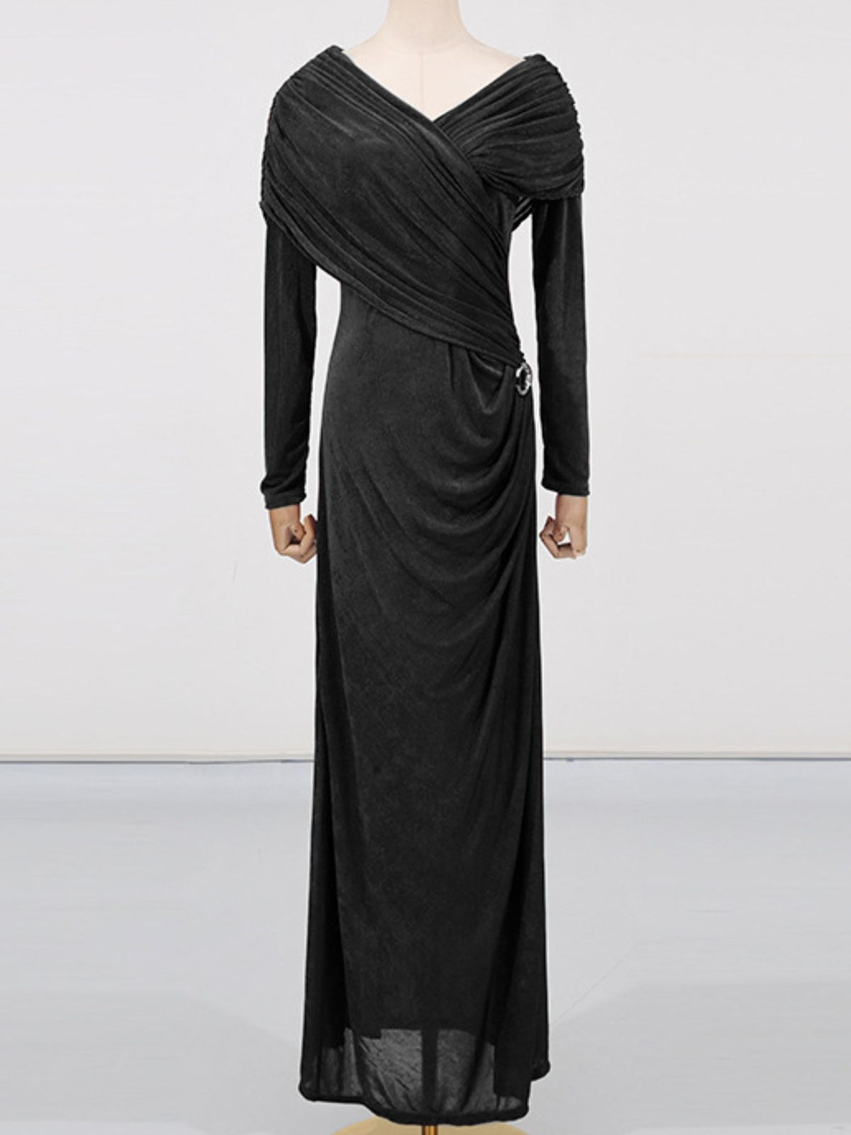 ruched draped long sleeve maxi dress detail view