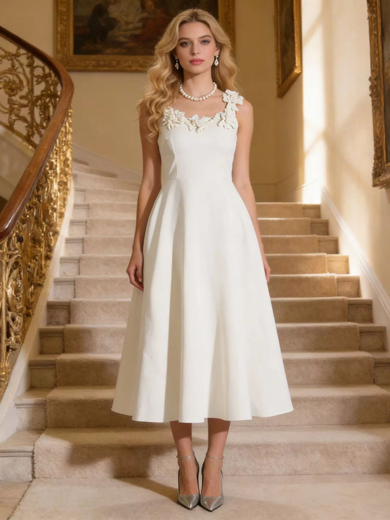 White floral embellished sleeveless midi dress front view