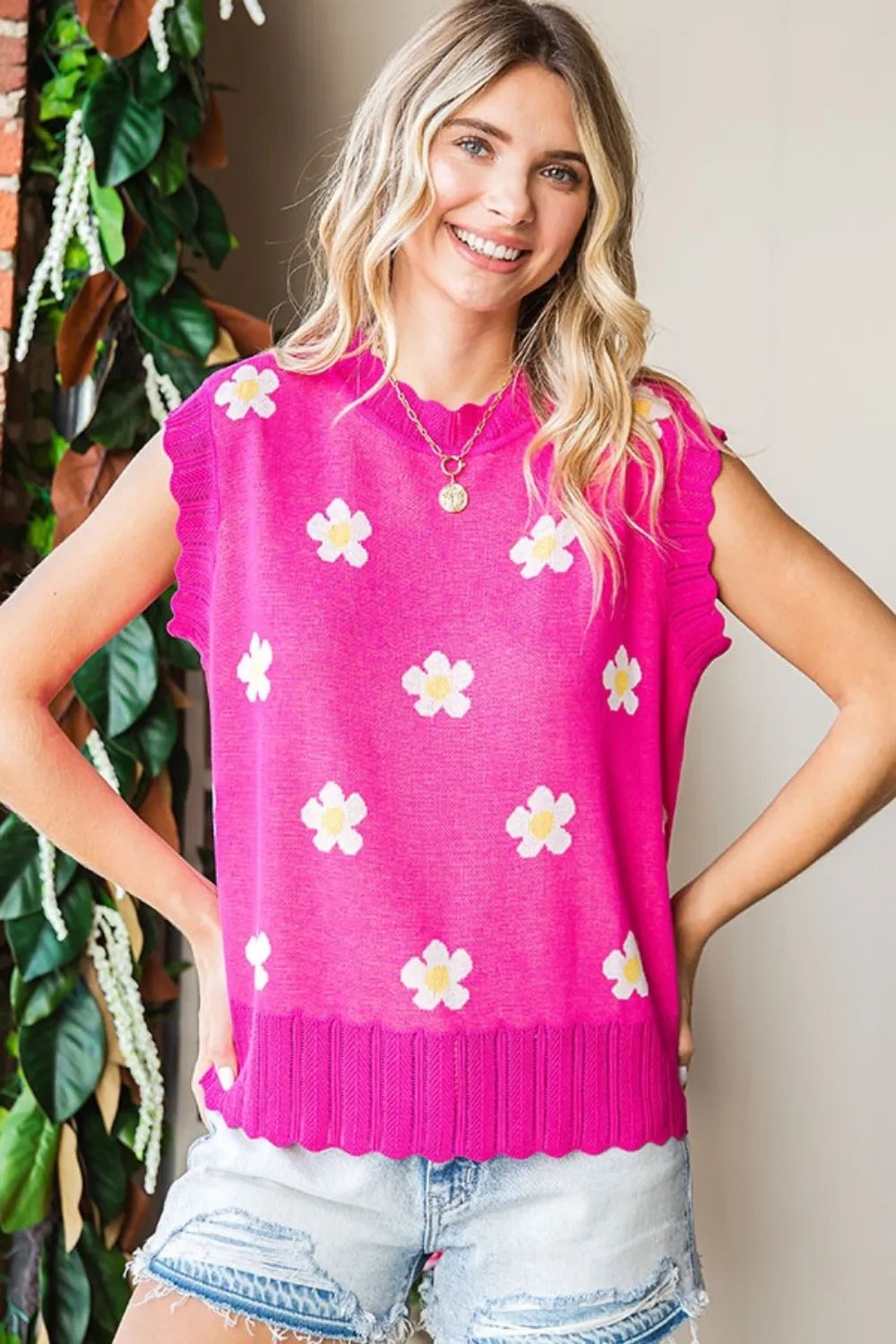 Floral Round Neck Sweater Vest
