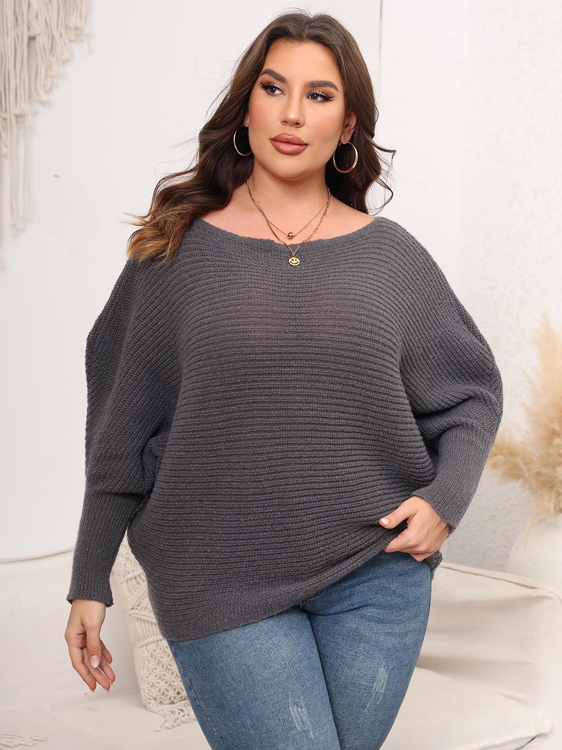 Full Size Boat Neck Batwing Sleeve Sweater - Fashorio