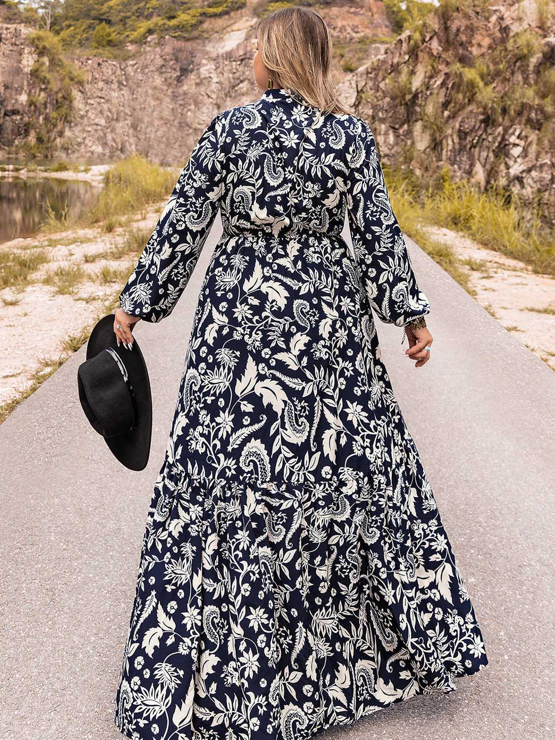 Dark navy plus size long sleeve maxi dress side view