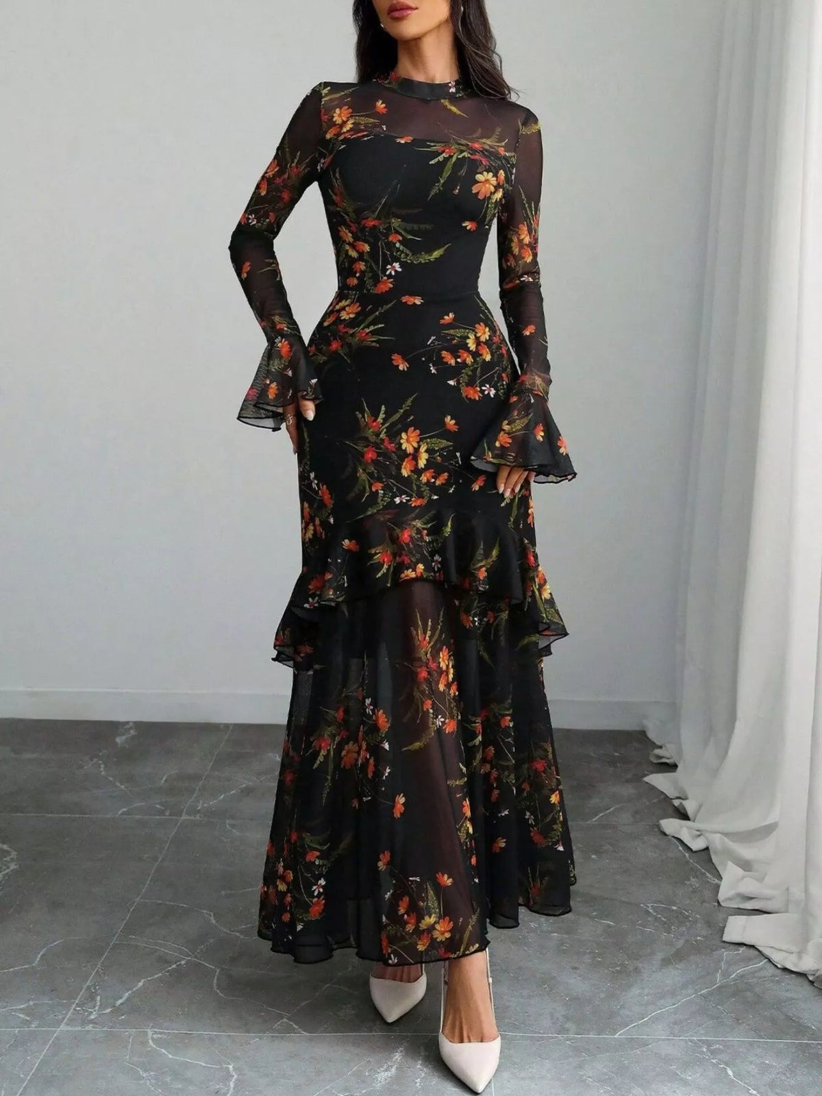 Floral flounce sleeve mermaid maxi dress, full length view