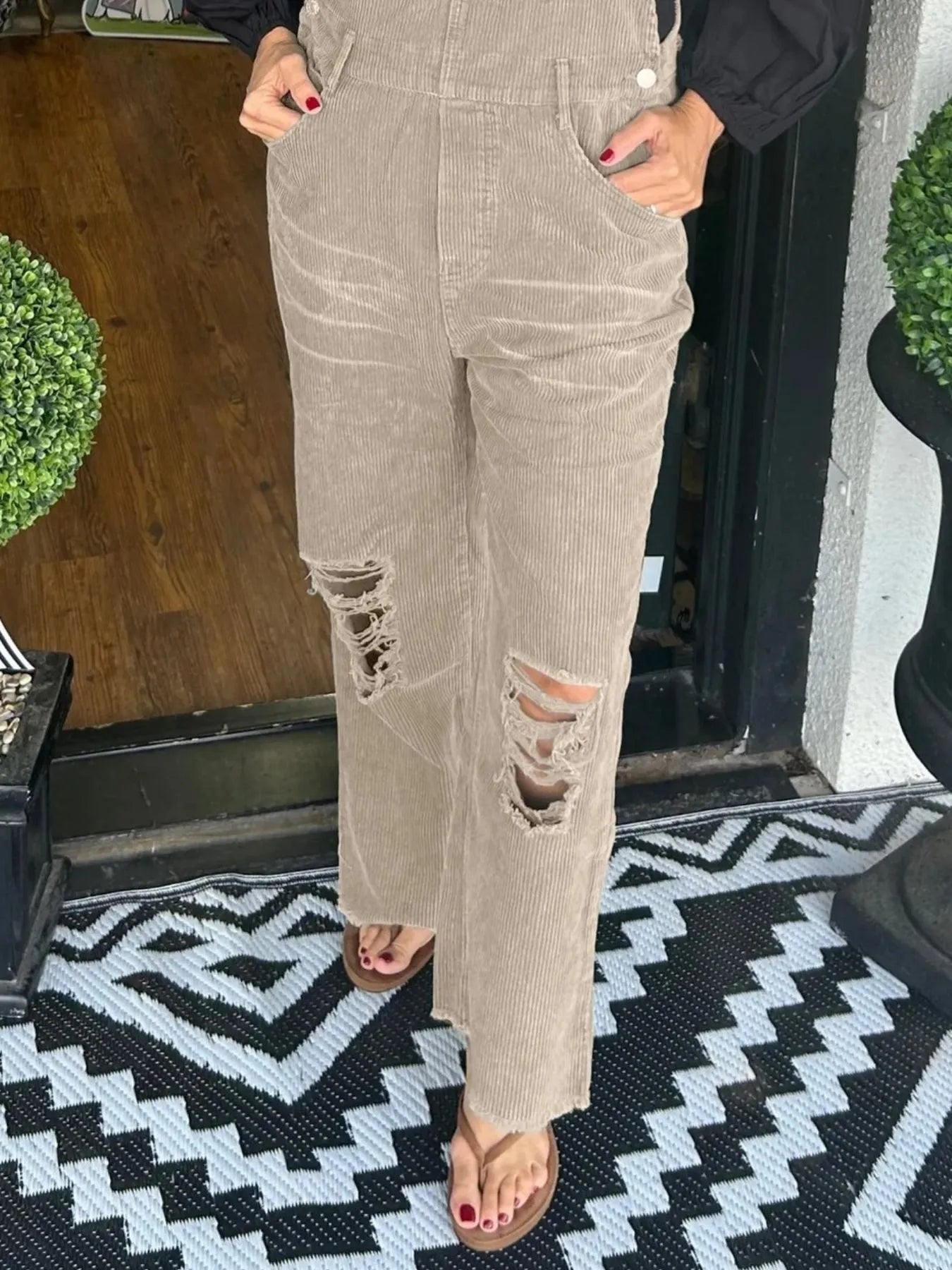 Distressed Wide Leg Corduroy Overalls - Fashorio