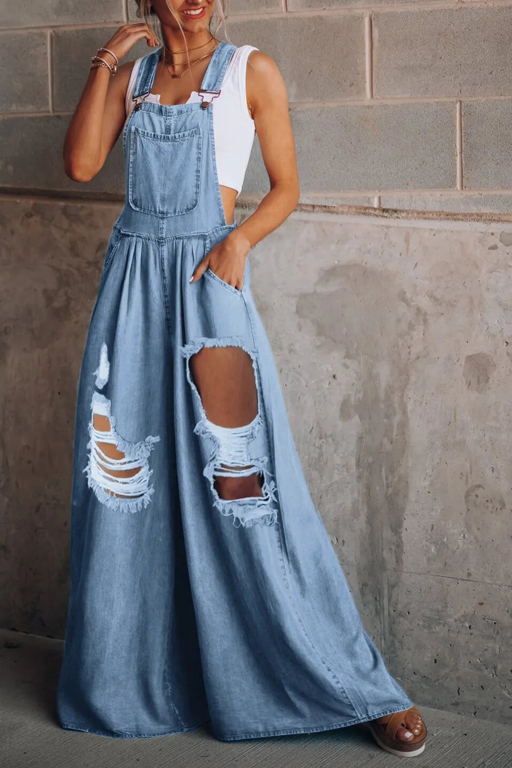 Distressed Wide Leg Denim Overalls - Fashorio