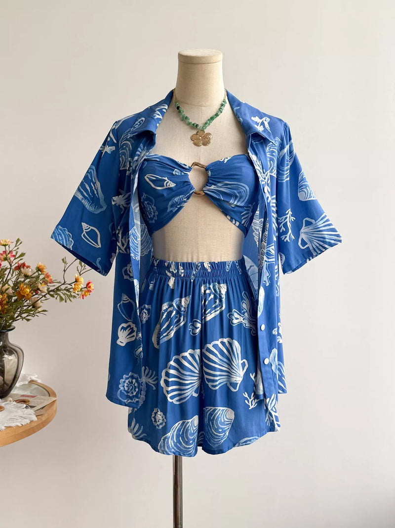 Seashell print three piece summer set front view