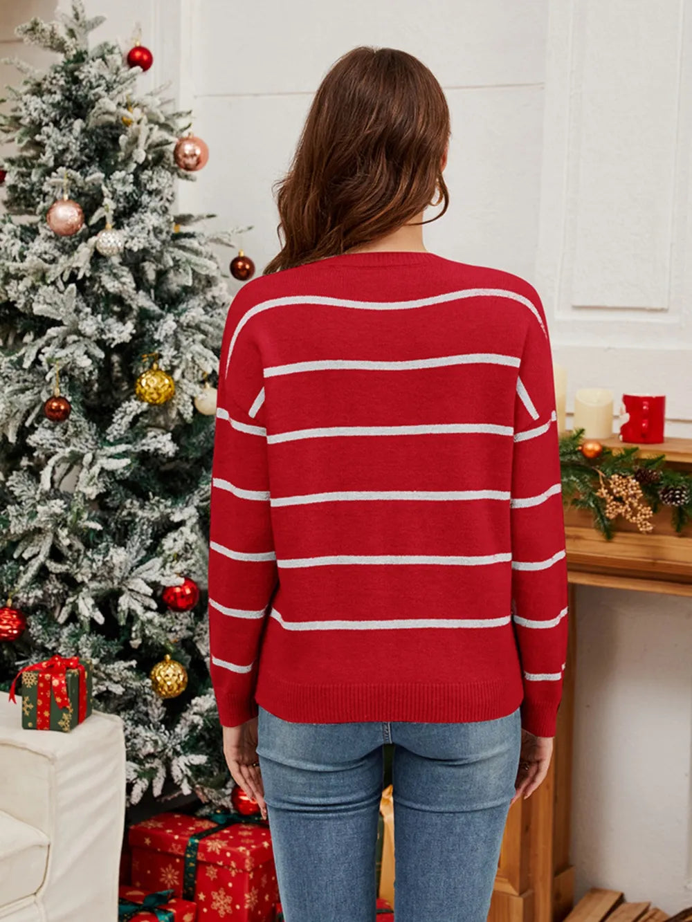 Sequin Santa Striped Round Neck Sweater view 8