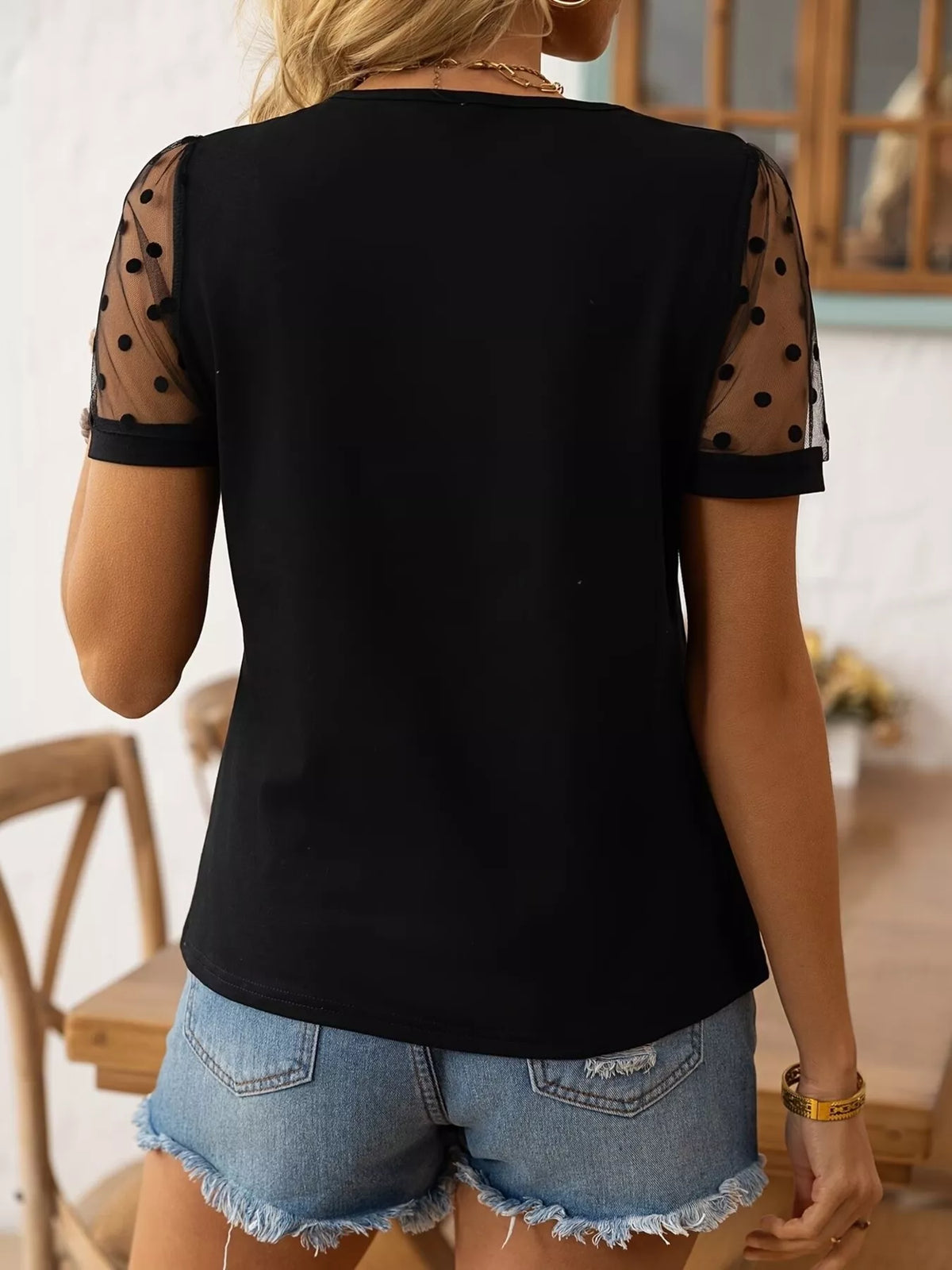 Black polka dot mesh sleeve t shirt front view