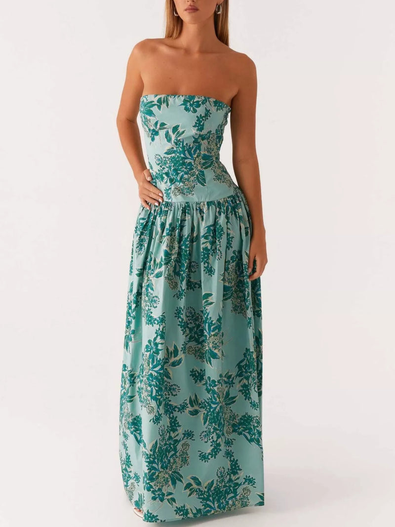 Ruched printed strapless tube maxi dress front view