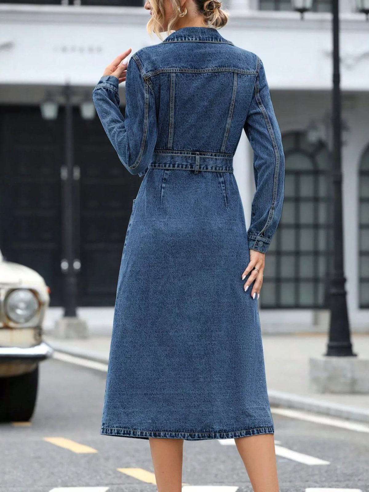 Denim dress shown in light blue colourway