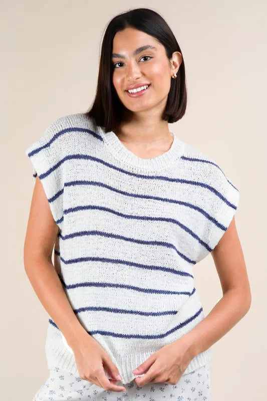 Striped Knit Sweater Vest Top in White