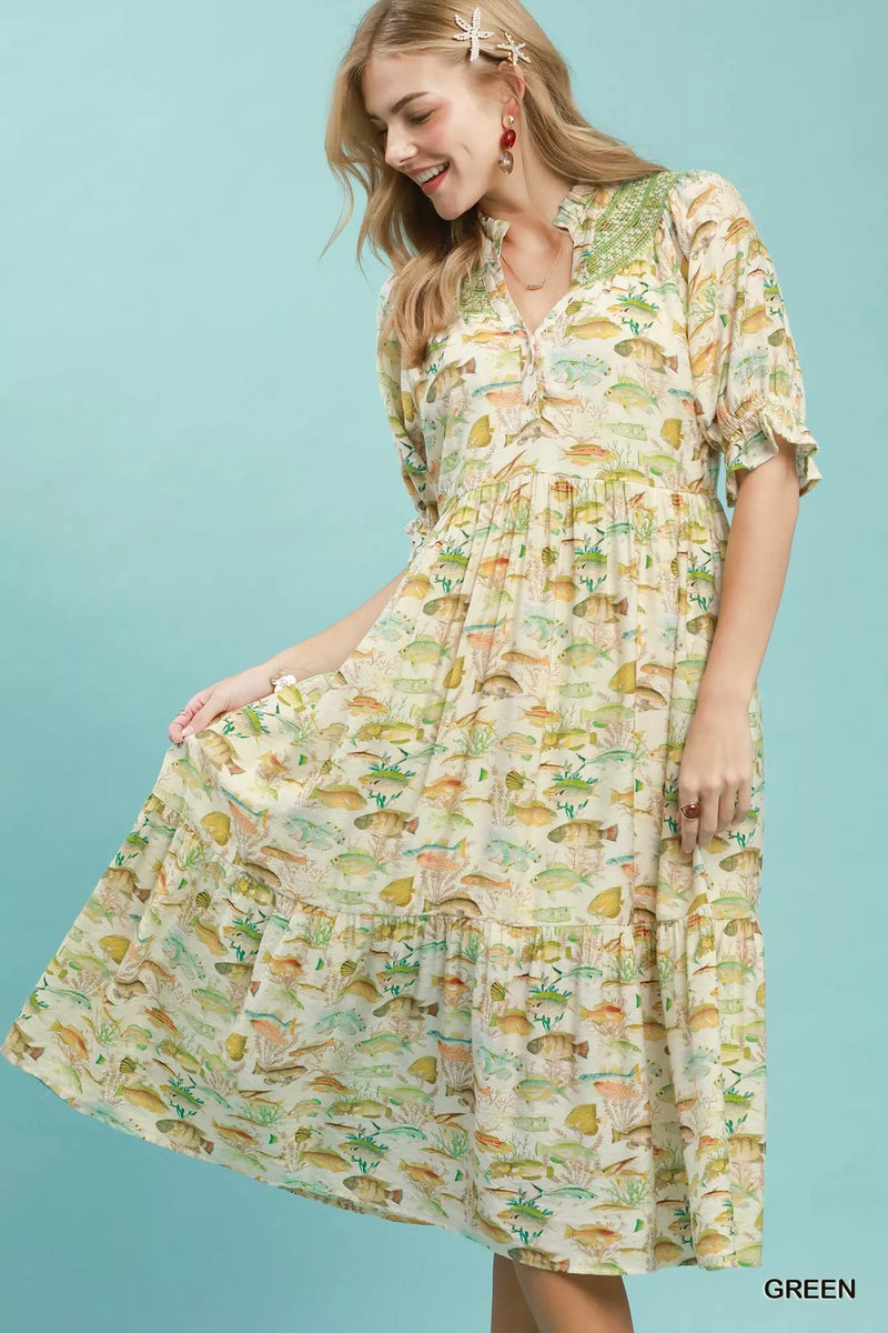 Green Umgee print tiered midi dress front view