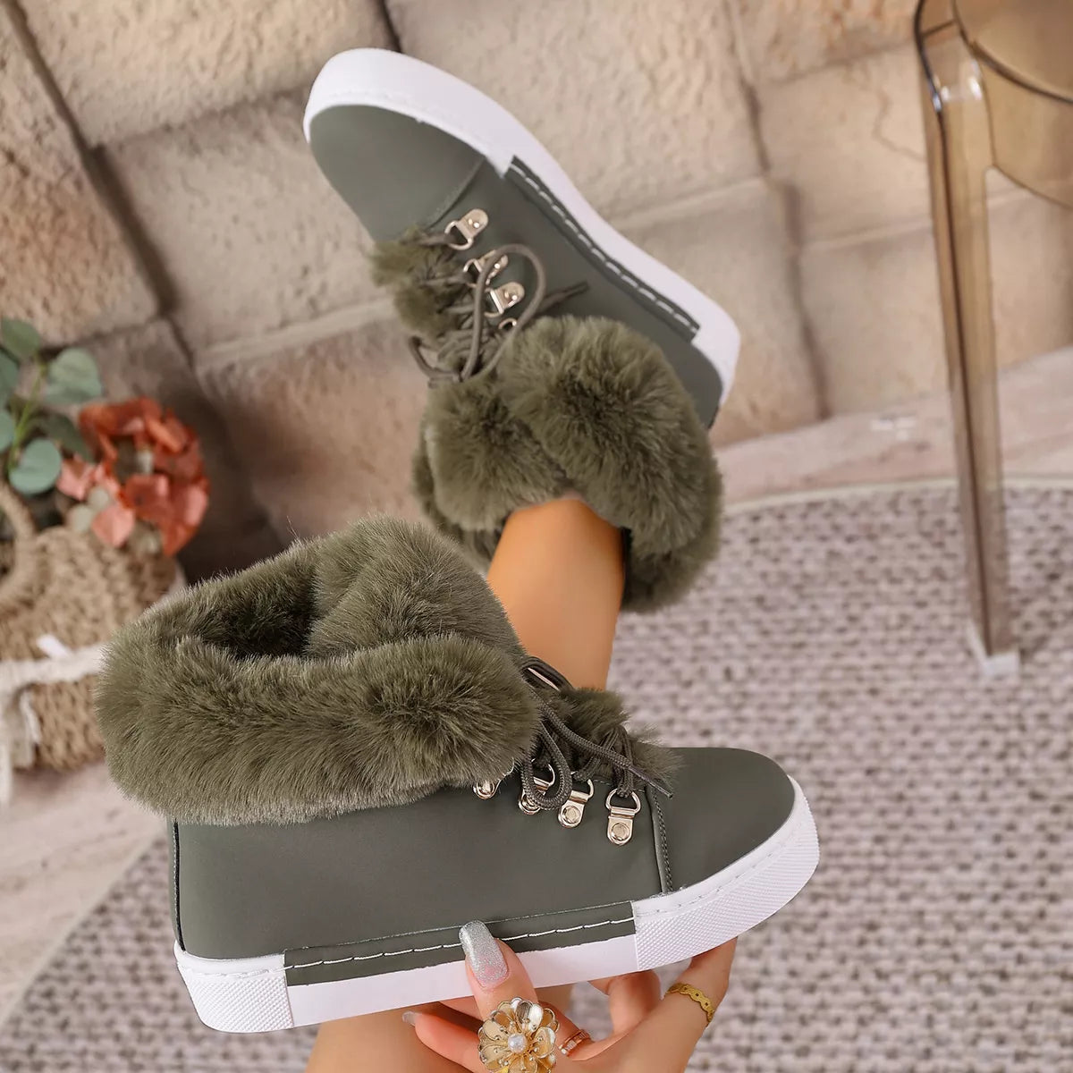 Fuzzy Trim Lace Up Ankle Boots angled three quarter view