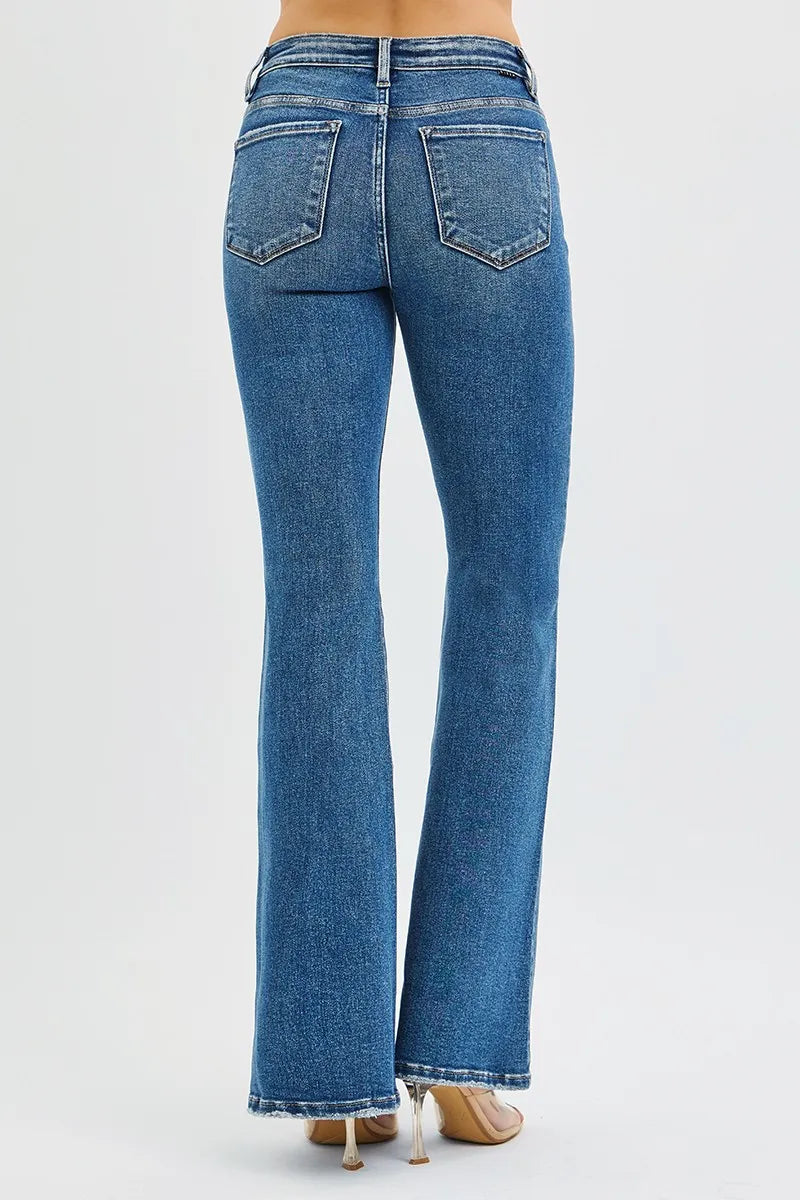 RISEN dark blue denim flare jeans fabric detail