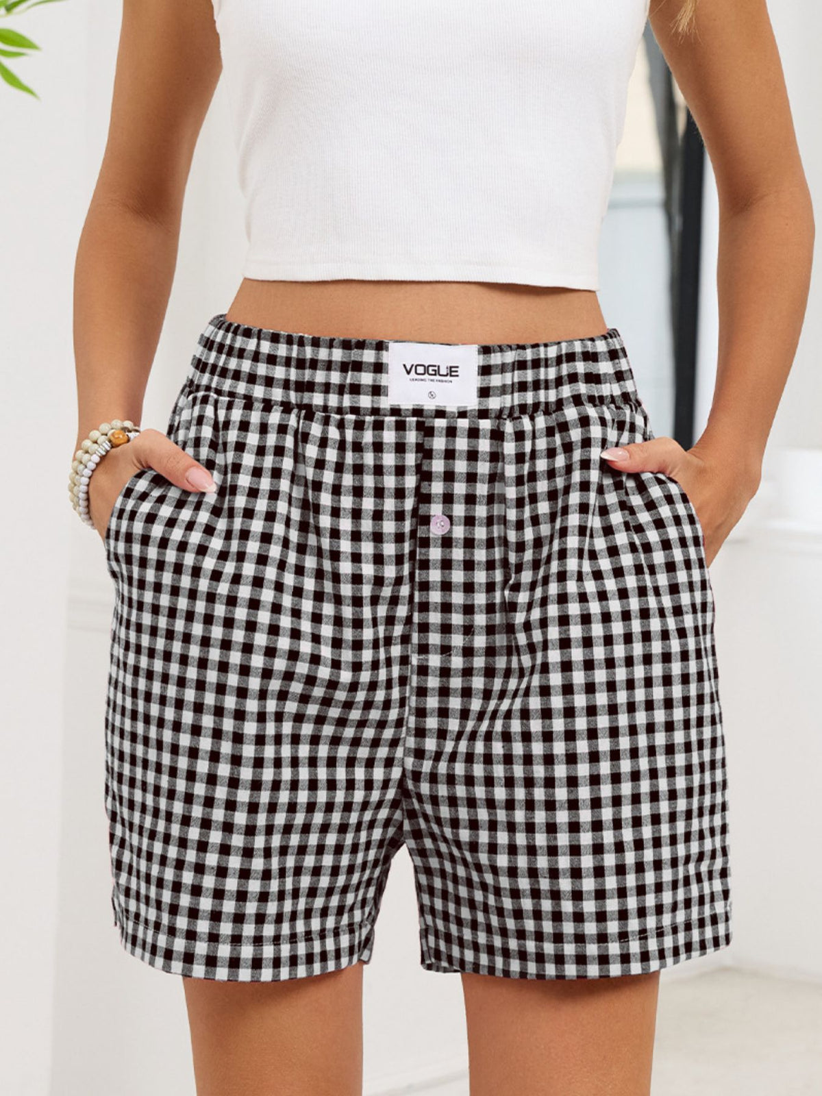 Gingham elastic waist shorts additional front view