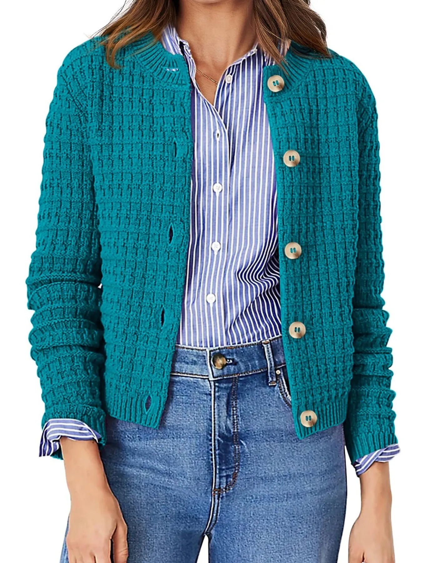 Textured Knit Button-Front Cardigan Peacock Blue - Fashorio