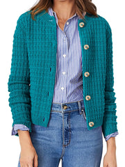 Textured Knit Button-Front Cardigan Peacock Blue - Fashorio