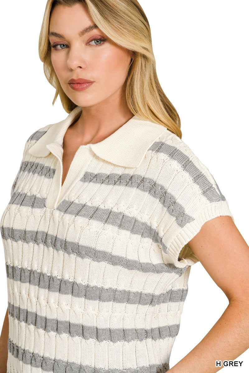 Grey textured stripe collared sweater vest collar detail