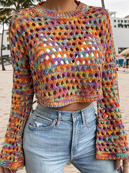 Rainbow Crochet Hollow Out Cropped Sweater - Fashorio