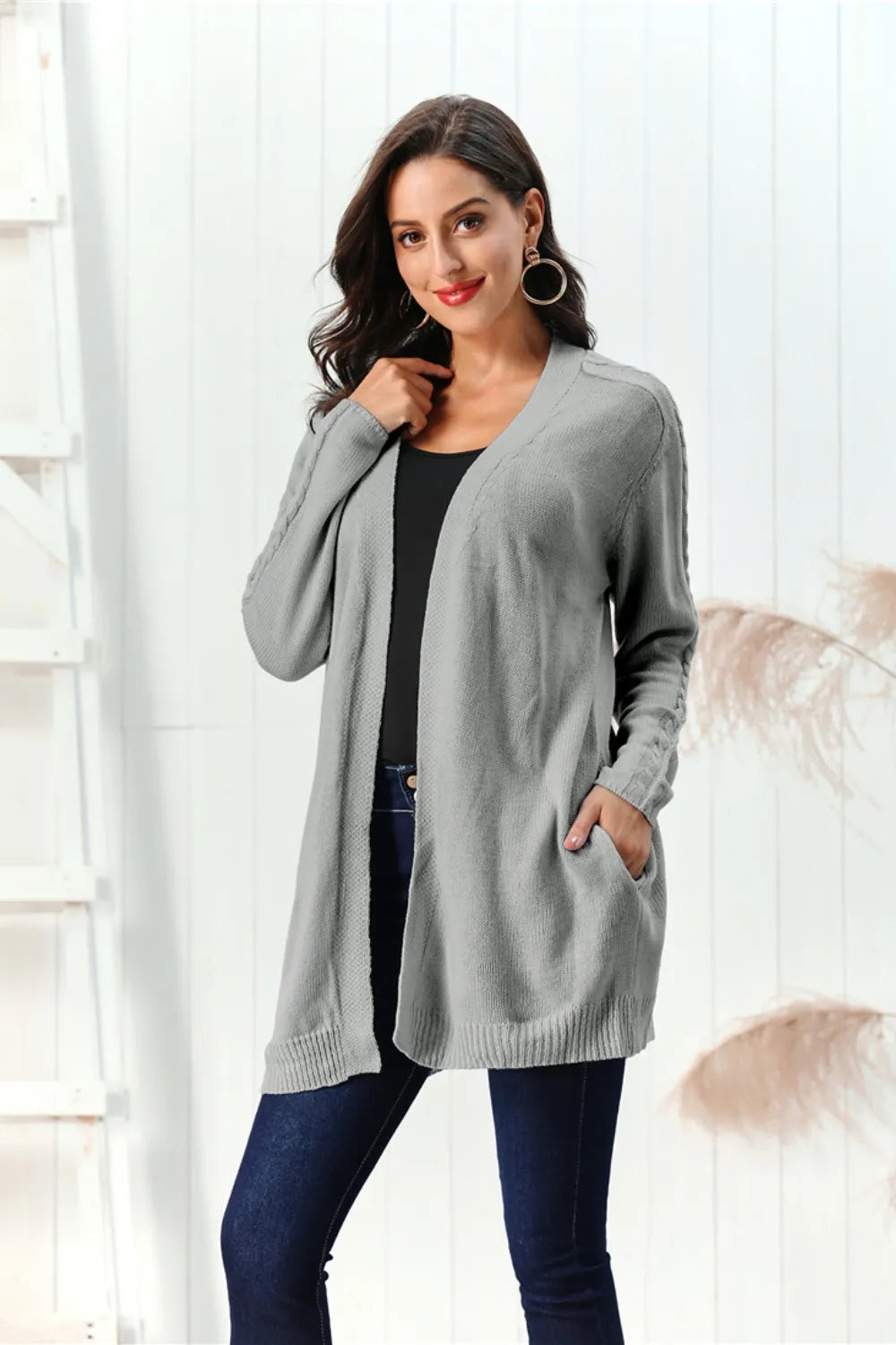 Cable-Knit Open Front Long Sleeve Cardigan - Fashorio