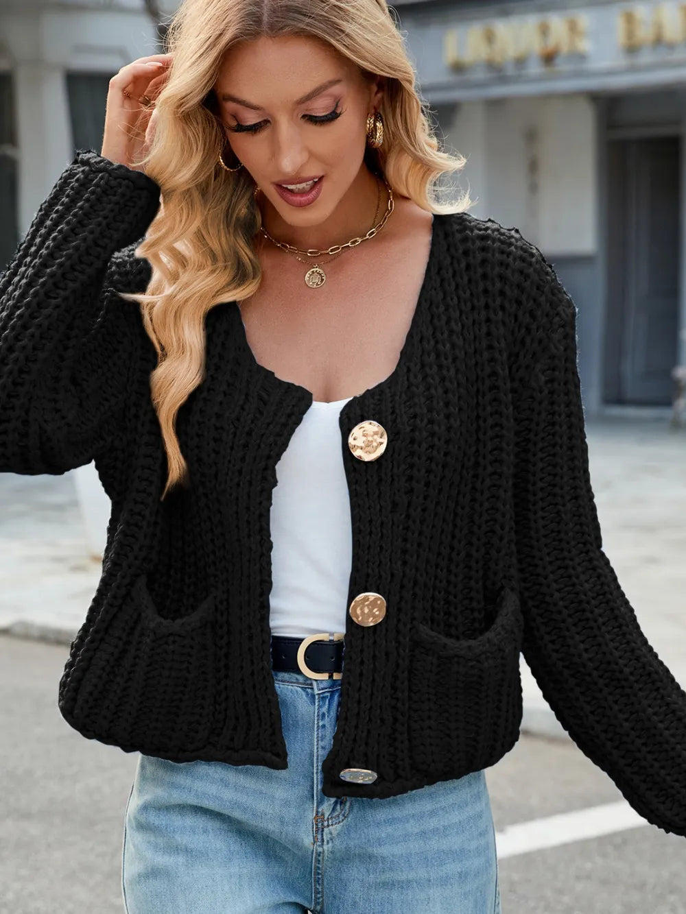 Round Neck Button Up Cardigan with Pockets - Fashorio