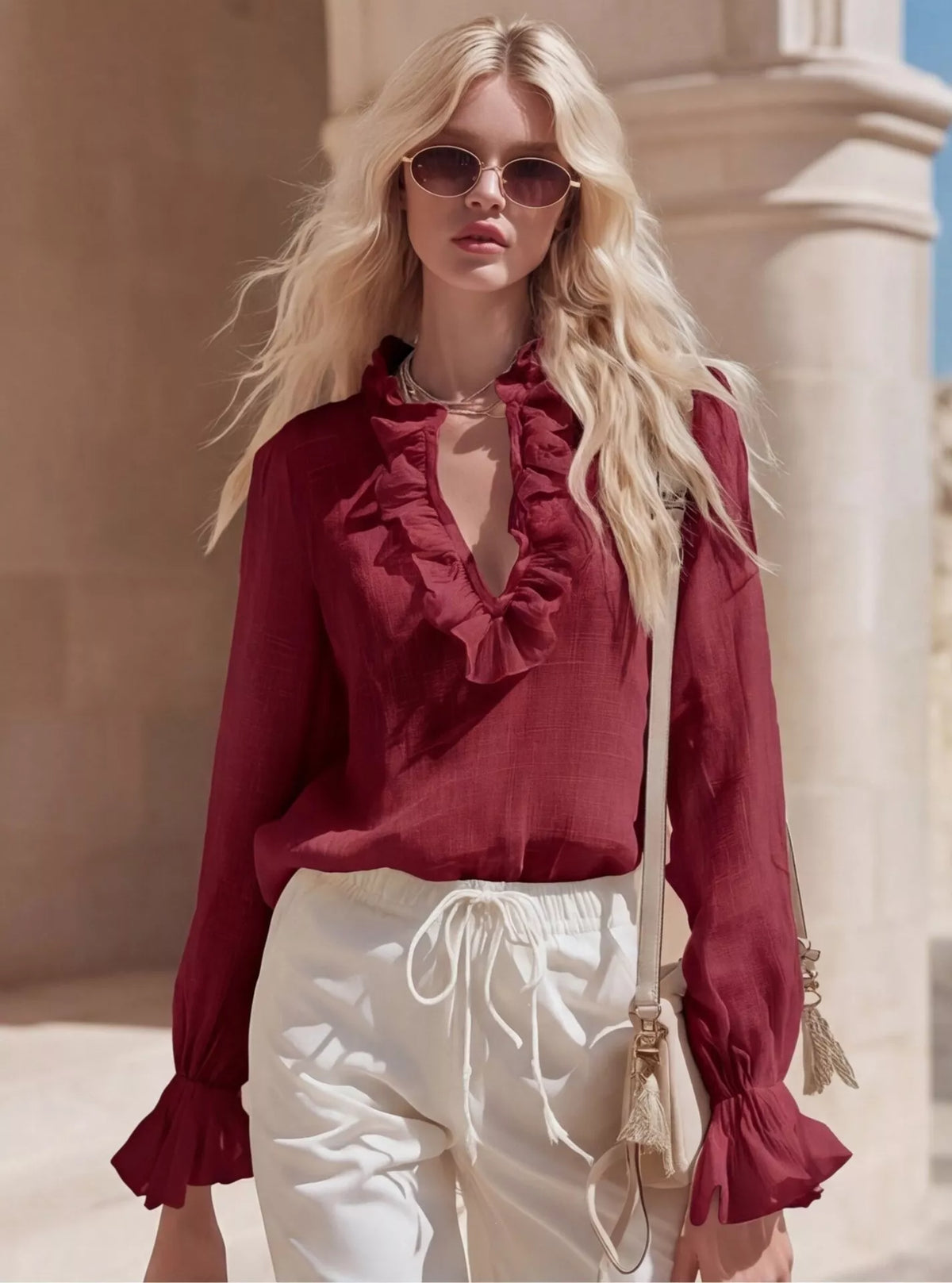 Ruffled V neck long sleeve blouse styled outfit view