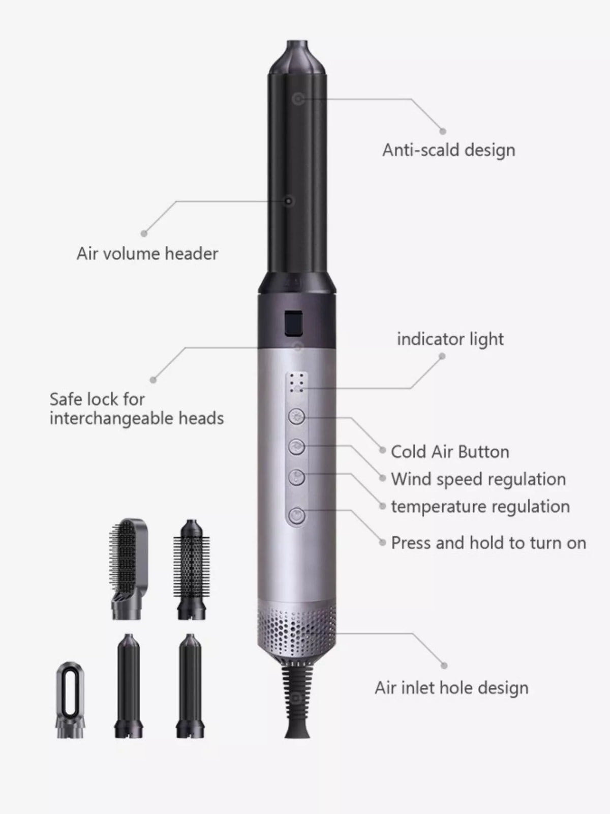 Curling iron with interchangeable heads laid out