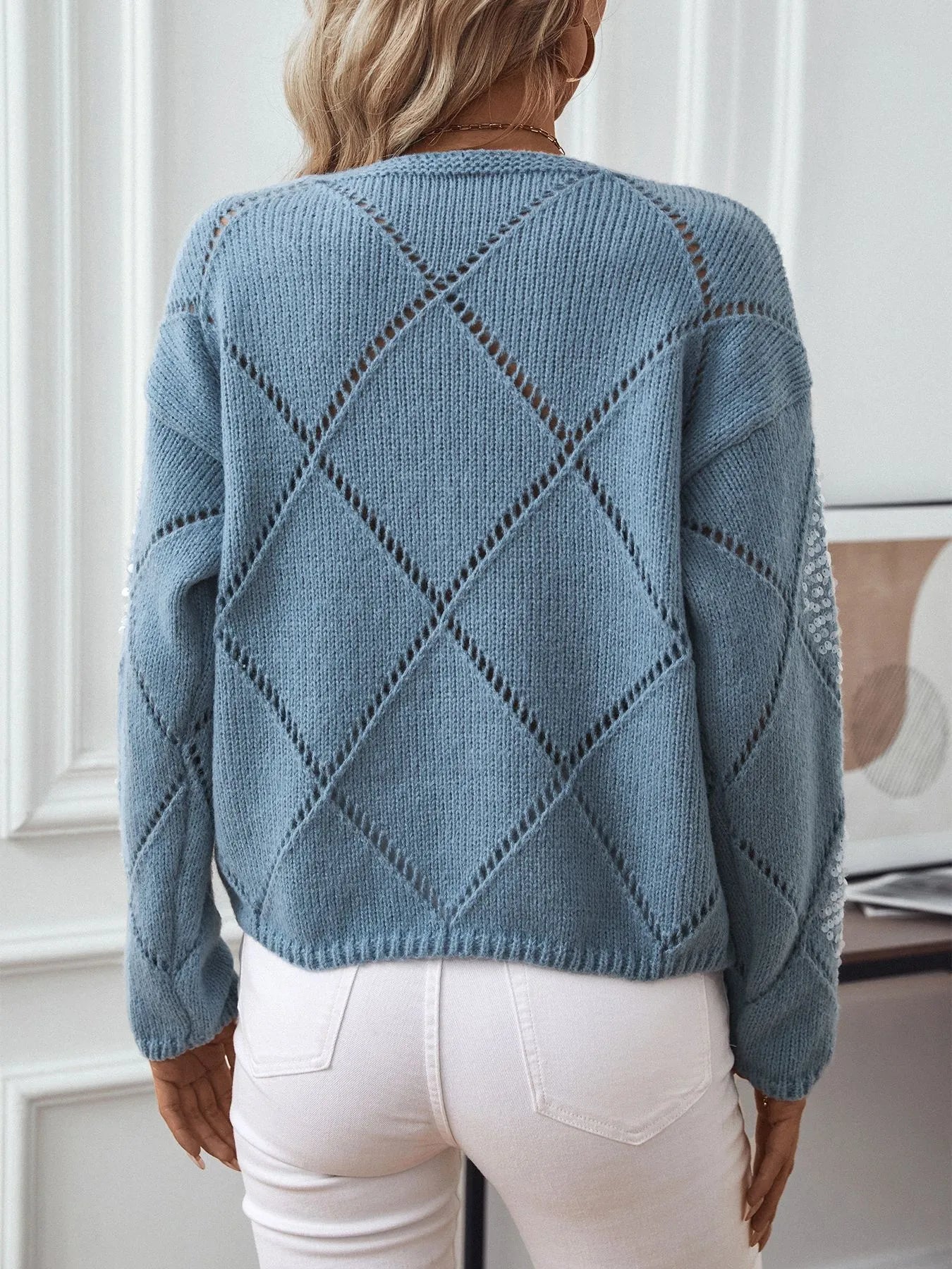 Sequin Openwork Long Sleeve Sweater - Fashorio