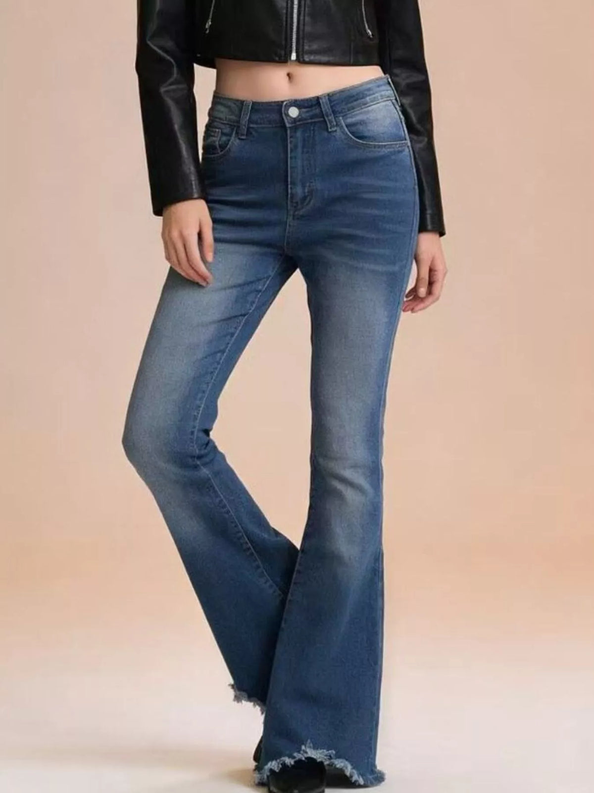 Blue high waist flare jeans side view