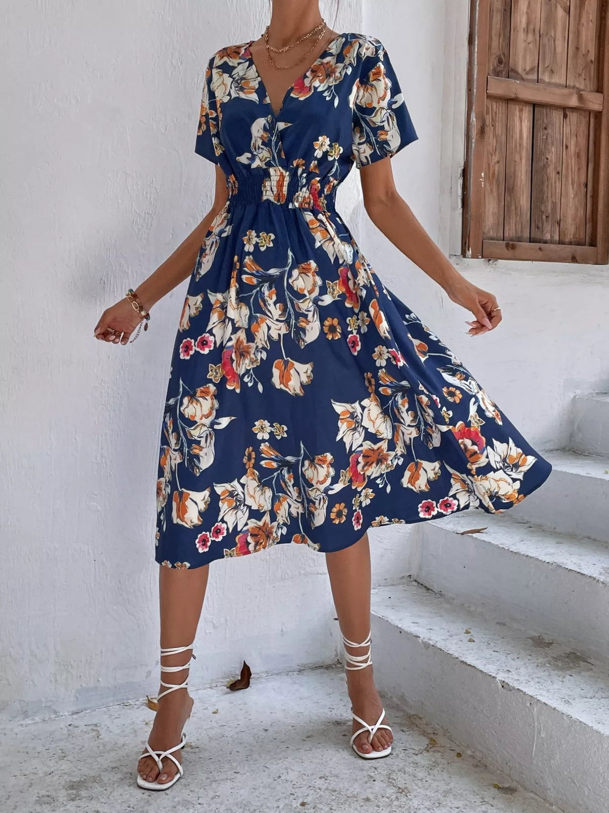 Printed short sleeve smocked midi dress fabric detail