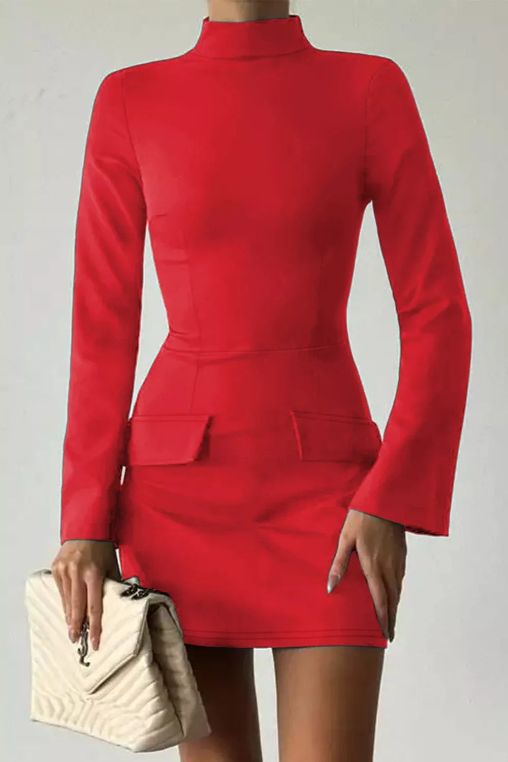 long sleeve mini dress flap pockets close up