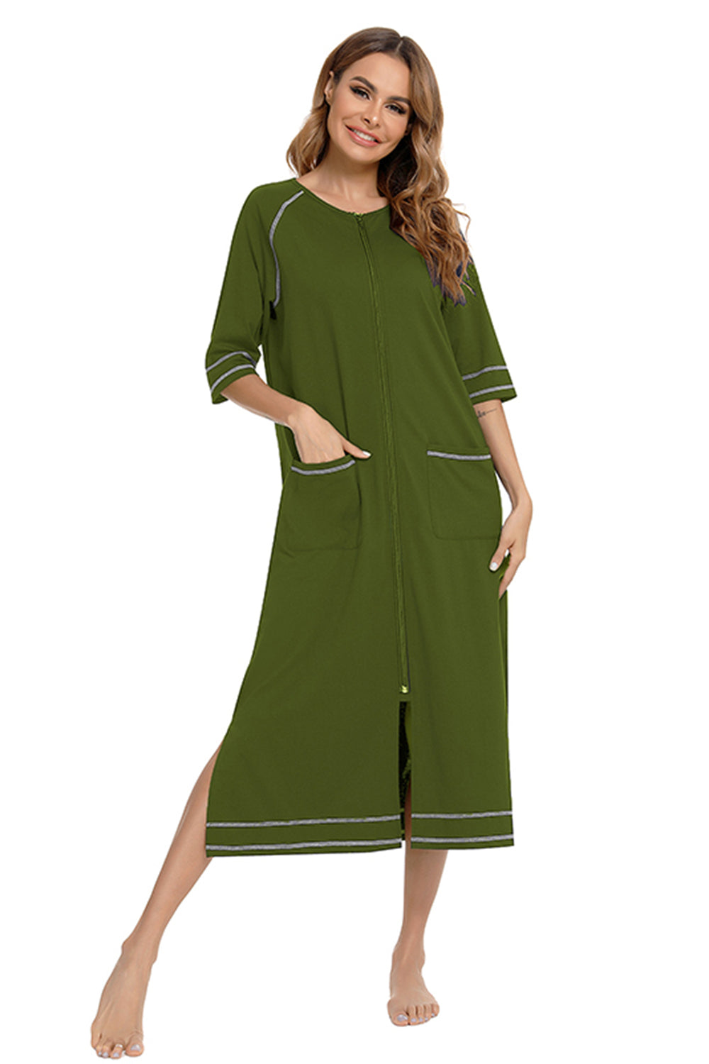 Zip Up Slit Round Neck Night Dress with Pockets - Fashorio