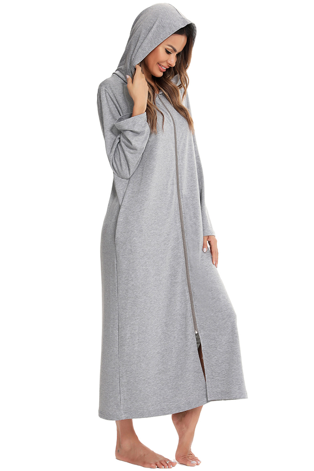 Zip Front Hooded Night Dress with Pockets - Fashorio