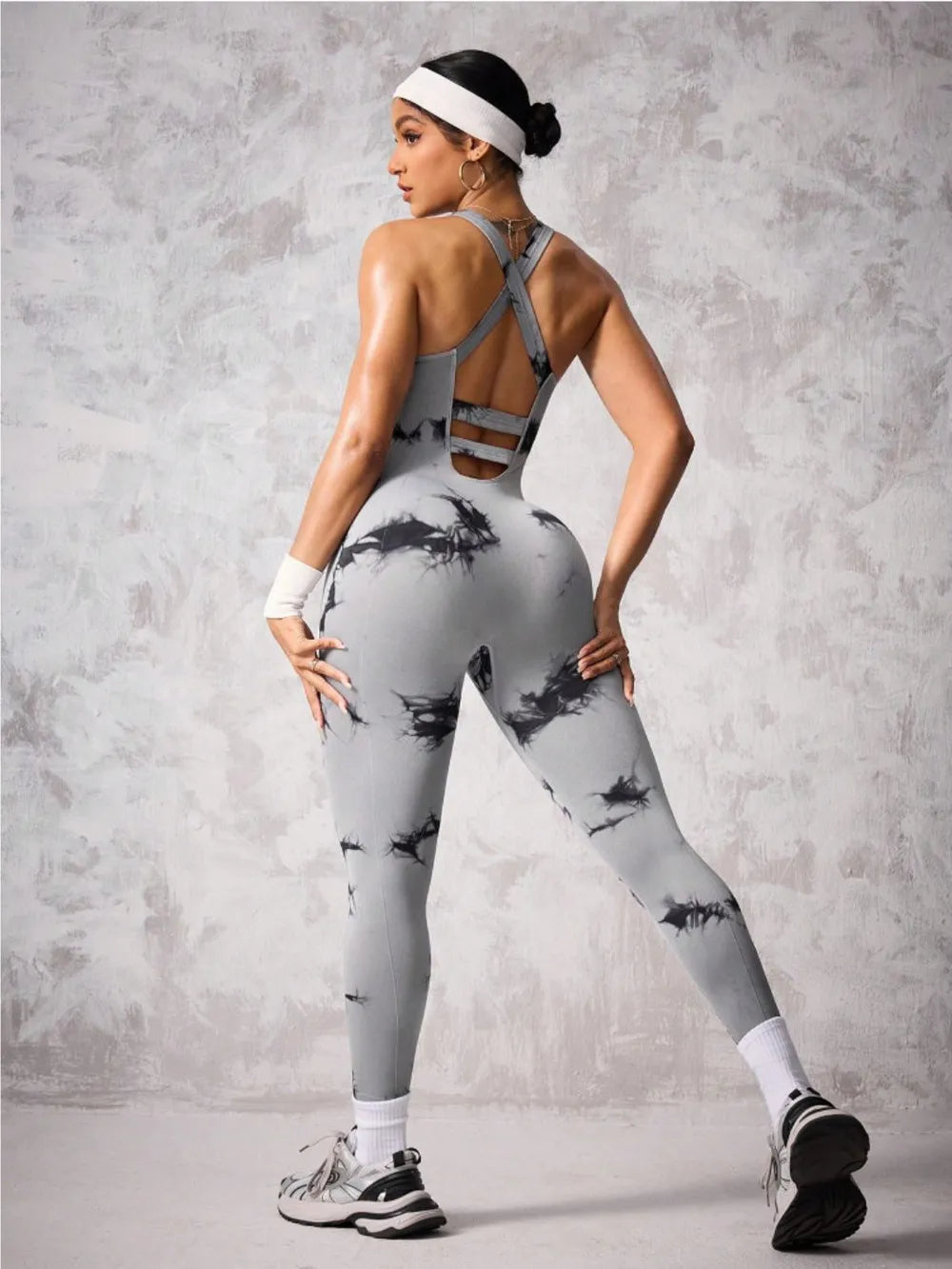 Back Crisscross Tie-Dye Scoop Neck Active Jumpsuit - Fashorio