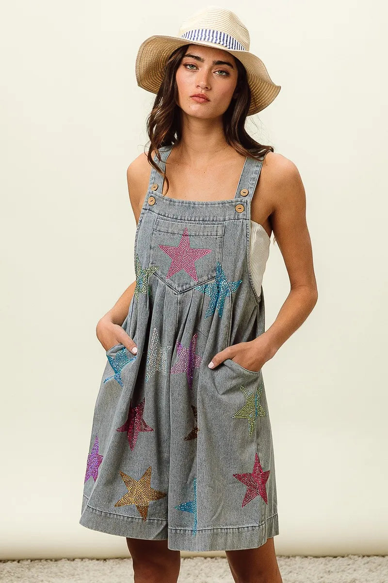 BiBi Star Rhinestone Washed Wide Leg Shortalls LT DENIM - Fashorio
