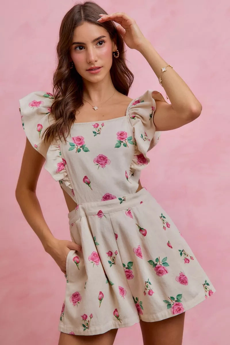 Floral Print Denim Cut Out Waist Ruffled Romper styled look