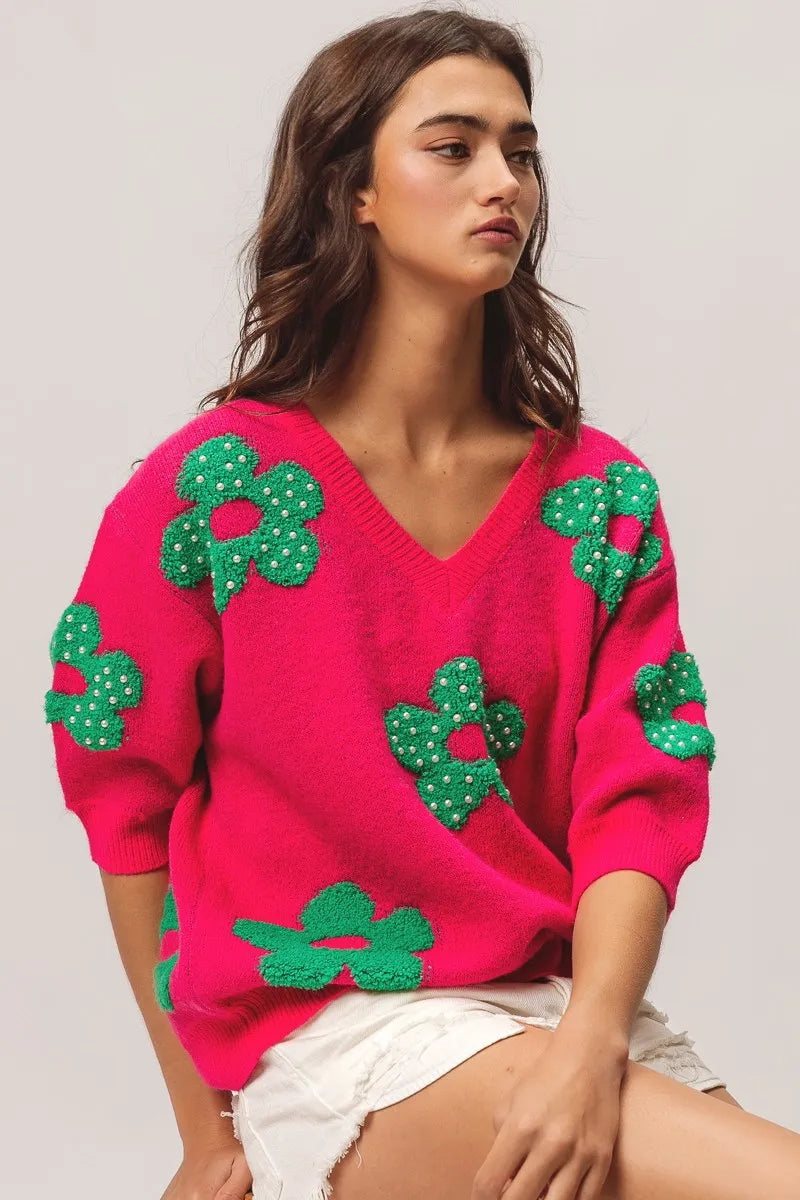 BiBi Pearl Beads Flowers Sweater Top - Fashorio
