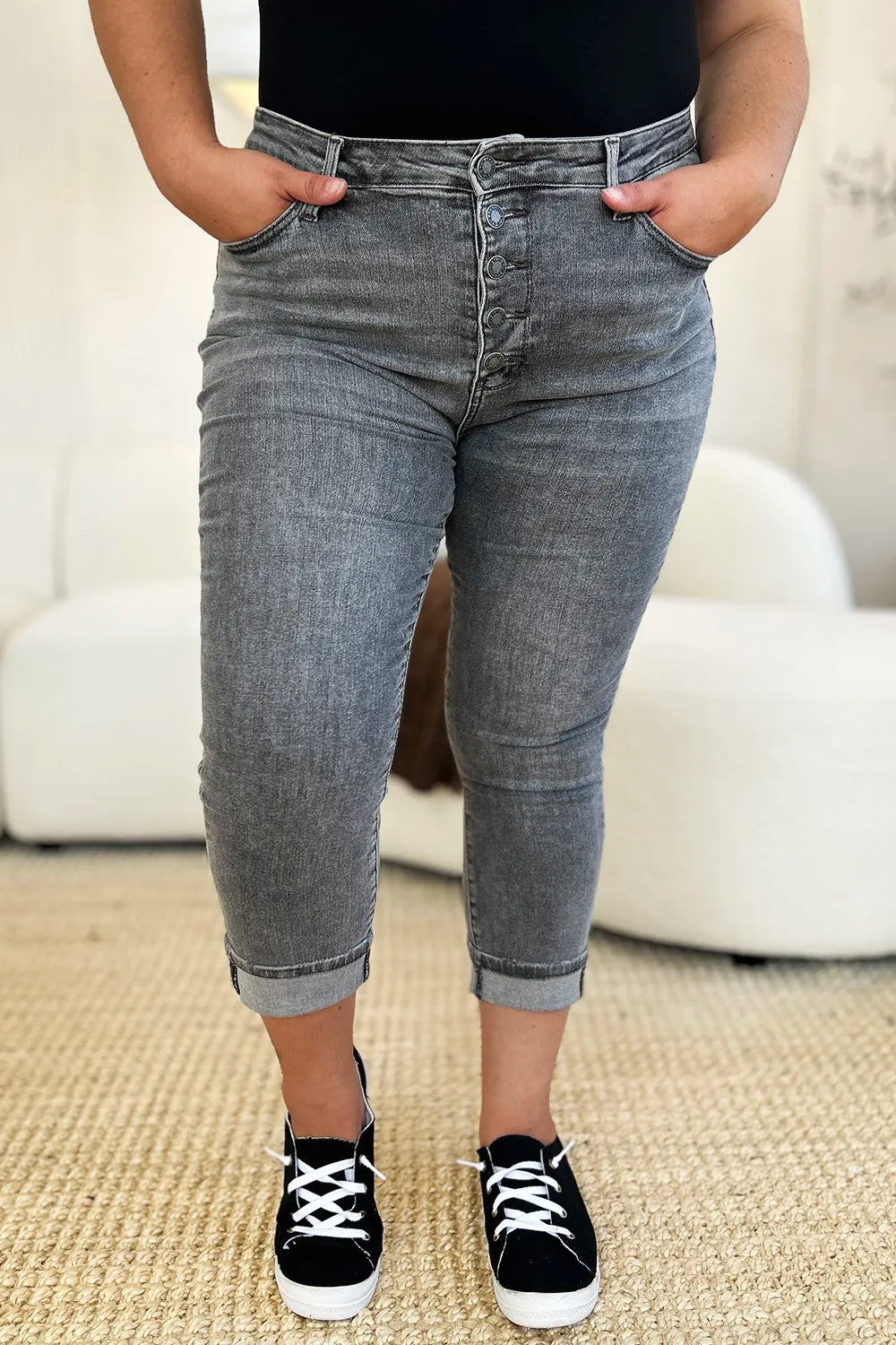 Judy Blue Full Size Button Fly High Waist Cuffed Capris - Fashorio