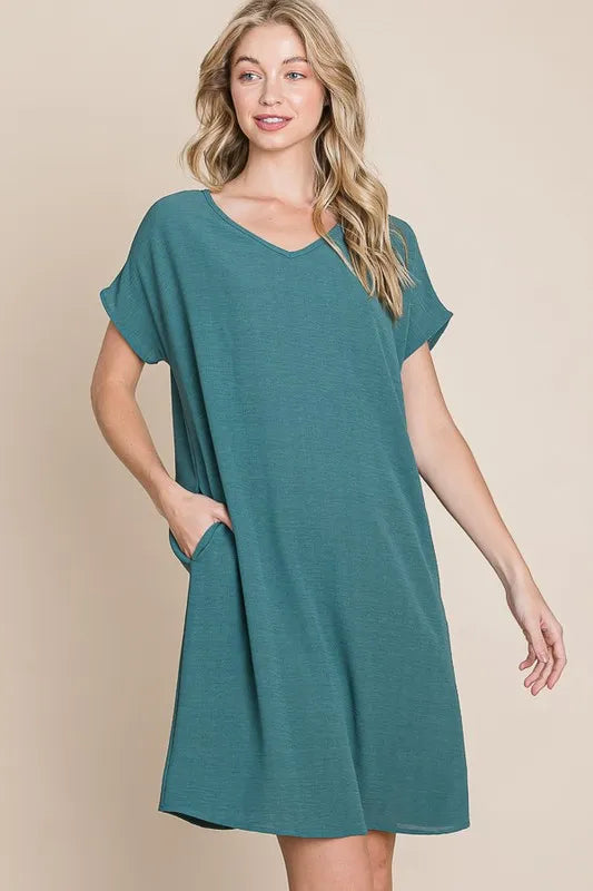 V Neck Short Sleeve Dress with Pockets in Teal