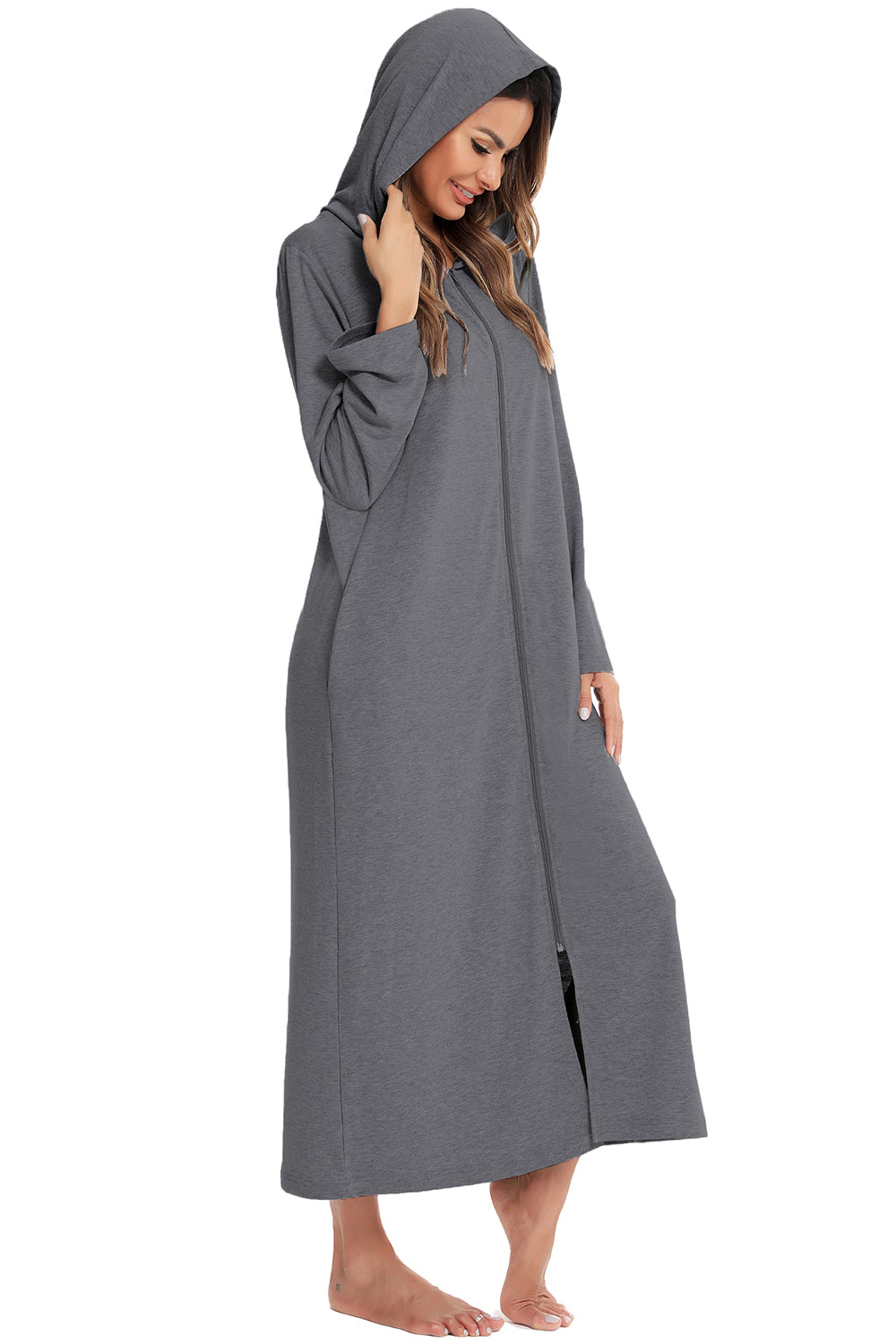 Zip Front Hooded Night Dress with Pockets - Fashorio