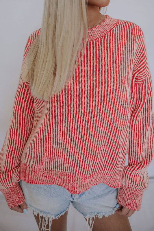 Dropped Shoulder Round Neck Sweater Hot Pink - Fashorio