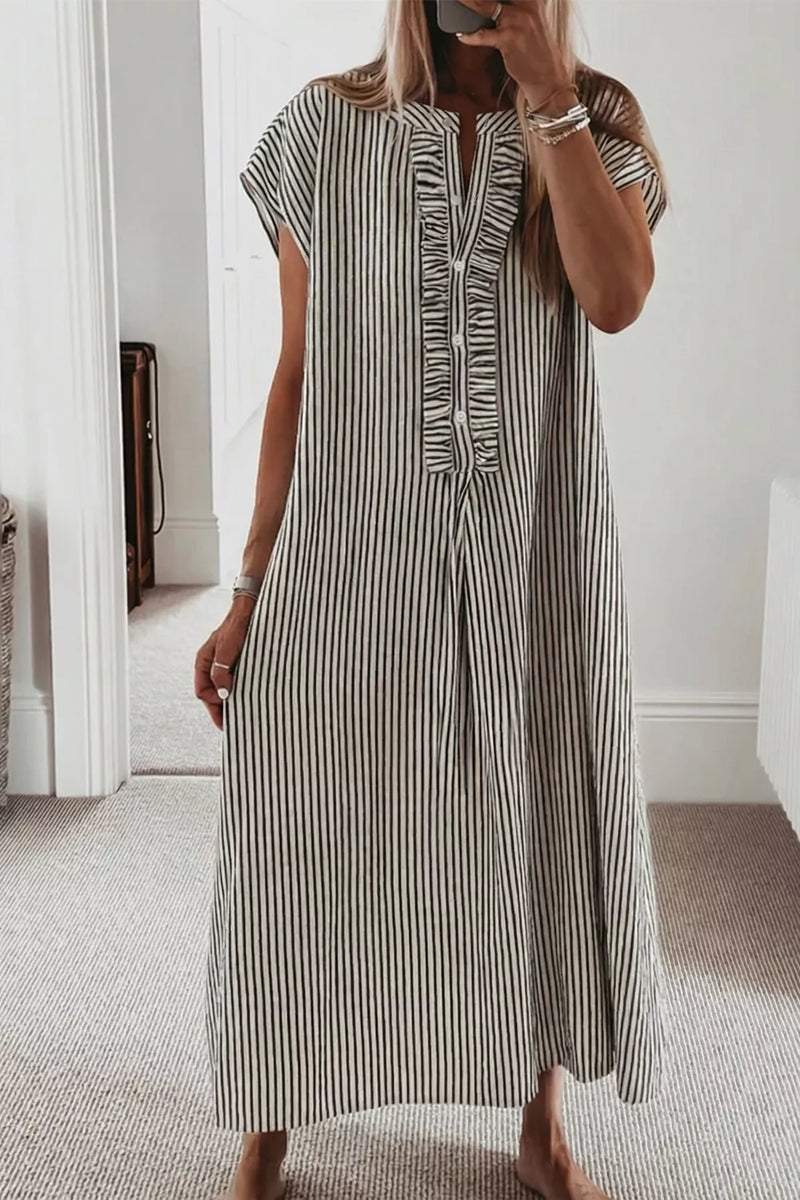 striped ruffle button front maxi dress front view