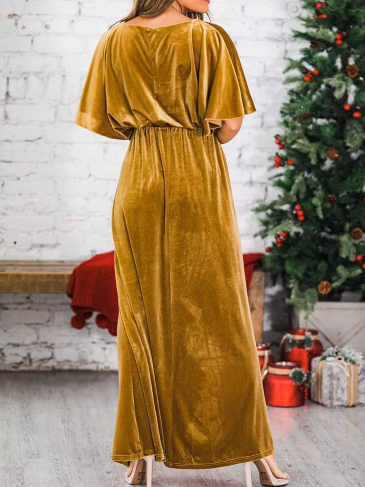 flutter sleeve velvet maxi dress full length view
